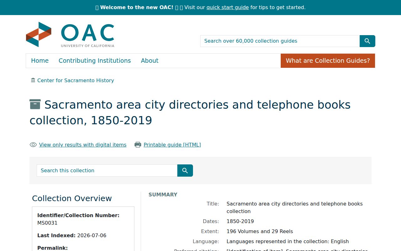 Elk Grove city directory reverse section and historical finding aid