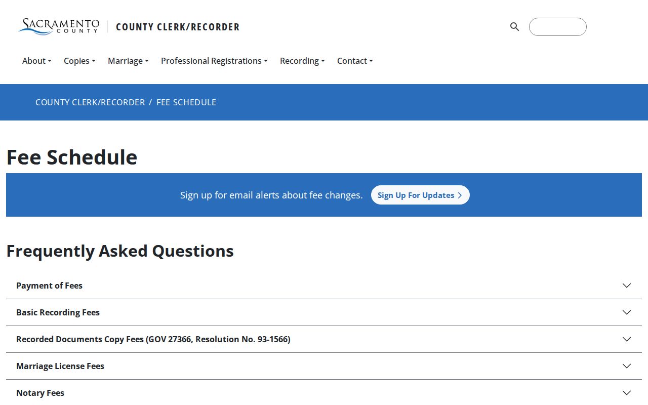 Elk Grove previous residents recorder fee schedule reference